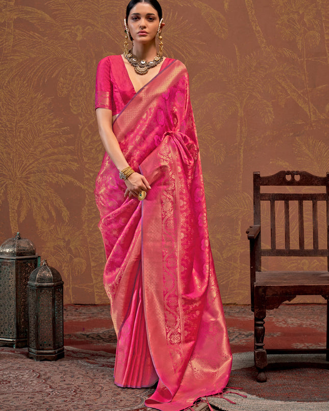 Rani Pink Silk Handloom Weaving Saree For Festival