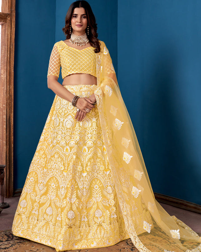 Lemon Yellow Net Embroidered  Wedding Wear Lehenga Choli