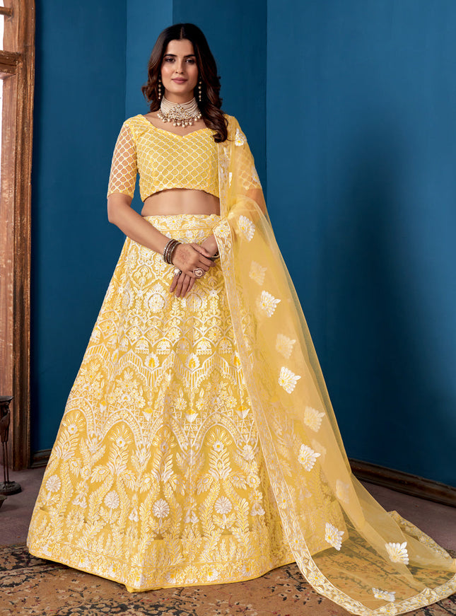 Lemon Yellow Net Embroidered  Wedding Wear Lehenga Choli