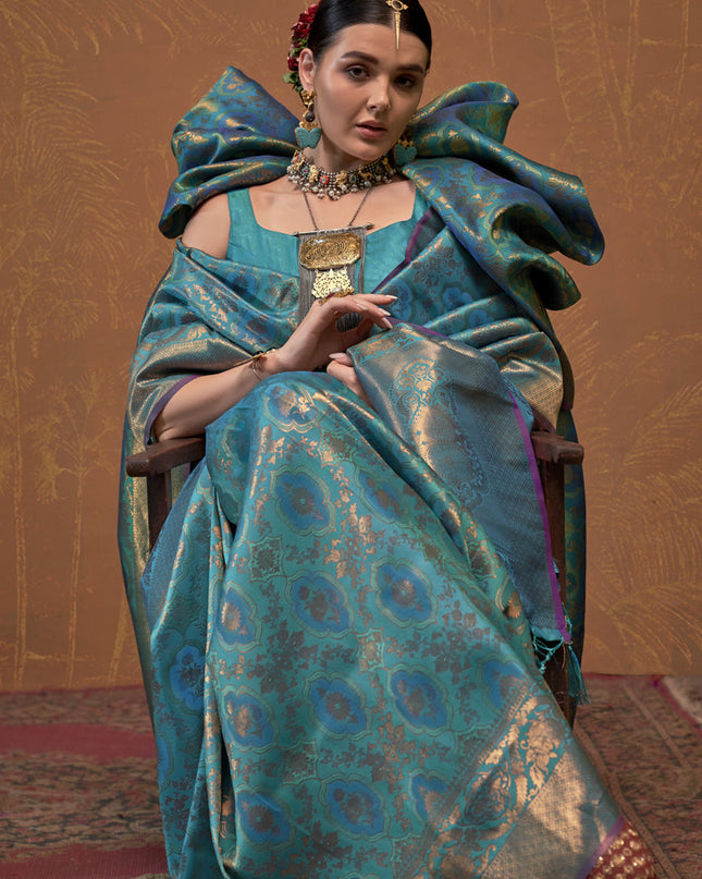 Peacock Blue Silk Handloom Weaving Saree For Festival