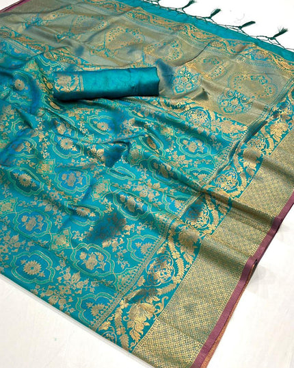Peacock Blue Silk Handloom Weaving Saree For Festival