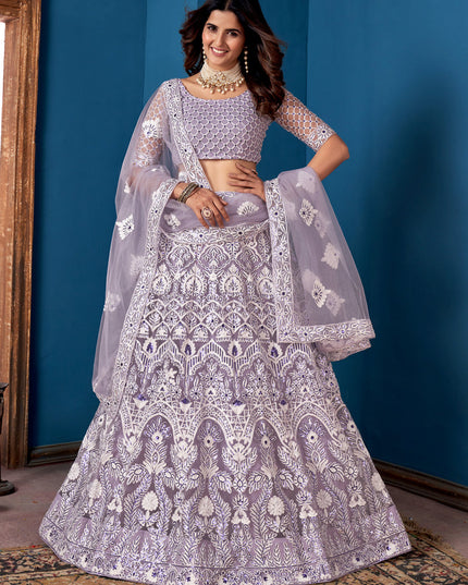 Lavender Net Embroidered  Wedding Wear Lehenga Choli