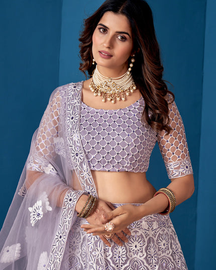 Lavender Net Embroidered  Wedding Wear Lehenga Choli