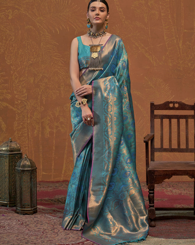 Peacock Blue Silk Handloom Weaving Saree For Festival