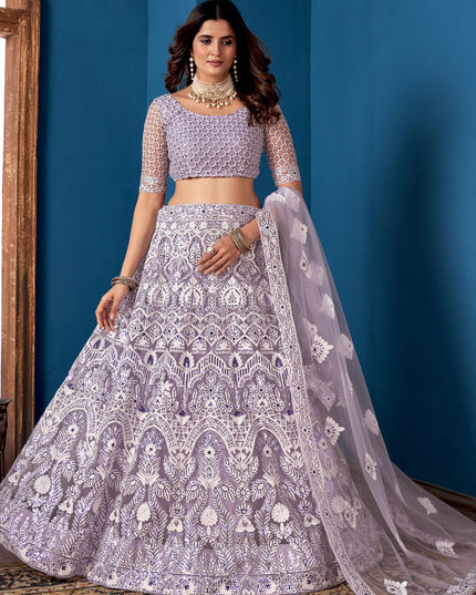 Lavender Net Embroidered  Wedding Wear Lehenga Choli
