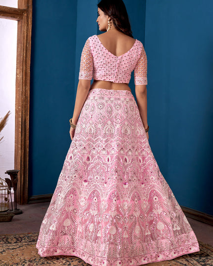 Rose Pink Net Embroidered  Wedding Wear Lehenga Choli