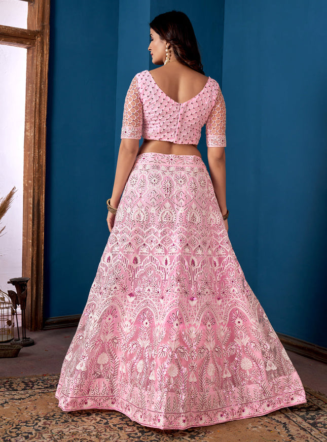 Rose Pink Net Embroidered  Wedding Wear Lehenga Choli