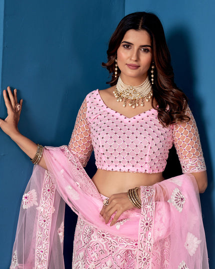 Rose Pink Net Embroidered  Wedding Wear Lehenga Choli
