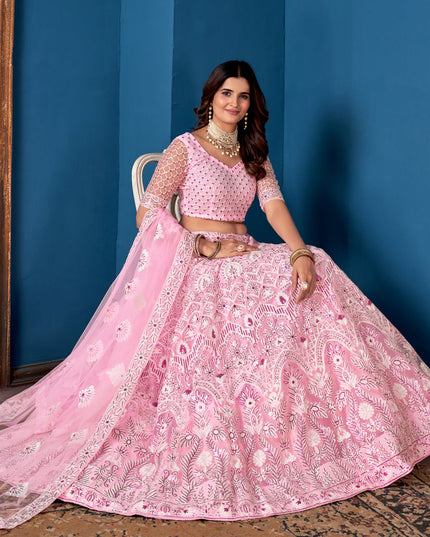Rose Pink Net Embroidered  Wedding Wear Lehenga Choli