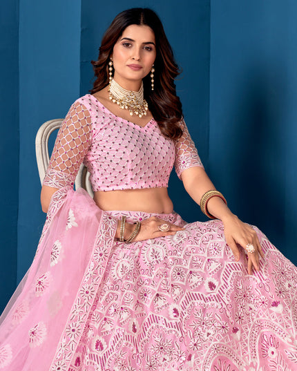 Rose Pink Net Embroidered  Wedding Wear Lehenga Choli