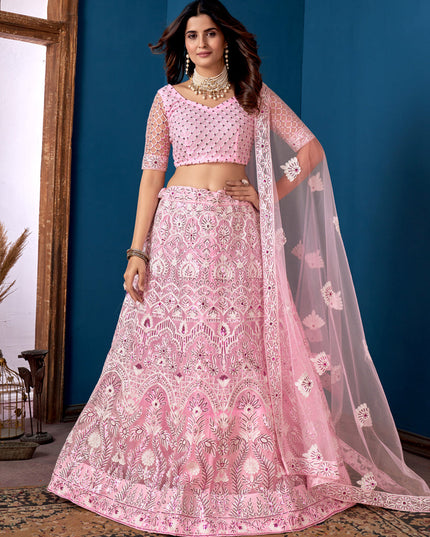 Rose Pink Net Embroidered  Wedding Wear Lehenga Choli
