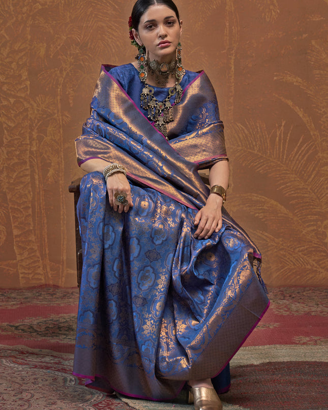 Royal Blue Silk Handloom Weaving Saree For Festival