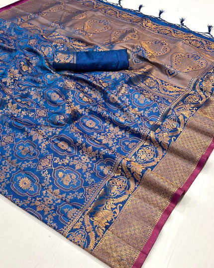 Royal Blue Silk Handloom Weaving Saree For Festival