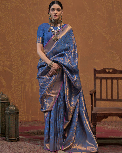 Royal Blue Silk Handloom Weaving Saree For Festival
