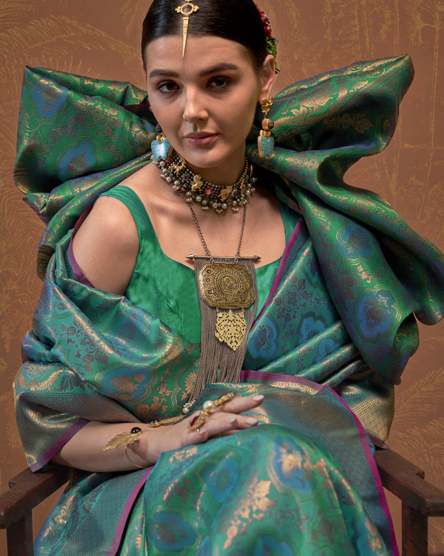 Rama Green Silk Handloom Weaving Saree For Festival