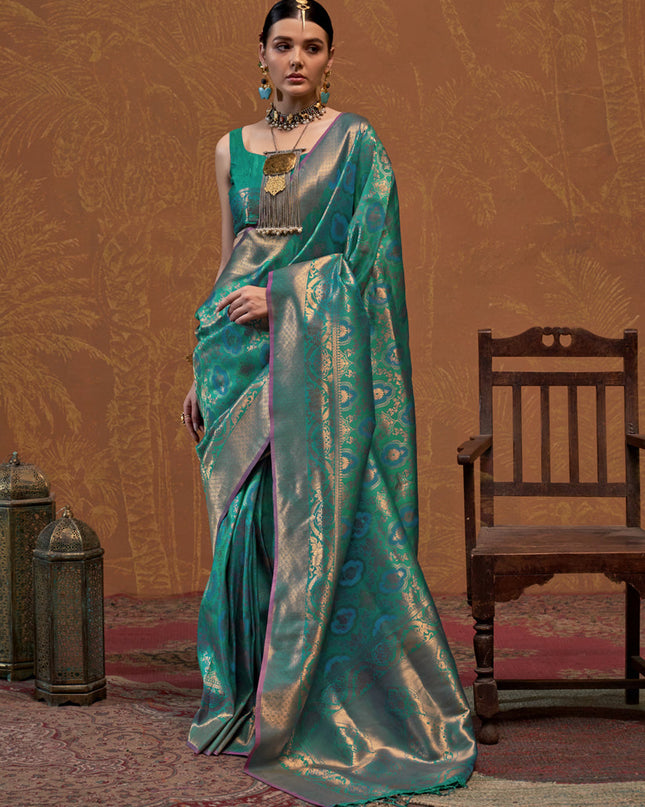 Rama Green Silk Handloom Weaving Saree For Festival