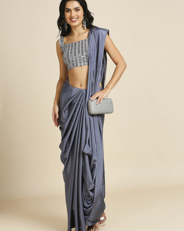 Mercury Grey Soft Silk Saree with Embroidered Blouse