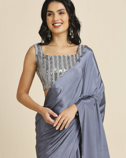 Mercury Grey Soft Silk Saree with Embroidered Blouse