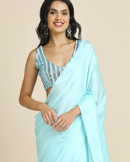 Ice Blue Soft Silk Saree with Embroidered Blouse