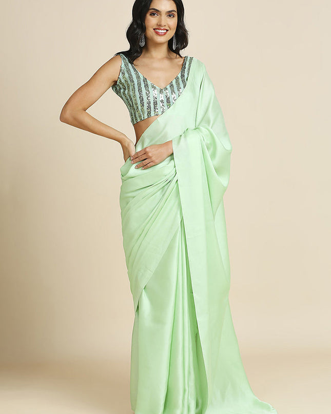 Pastel Green Soft Silk Saree with Embroidered Blouse