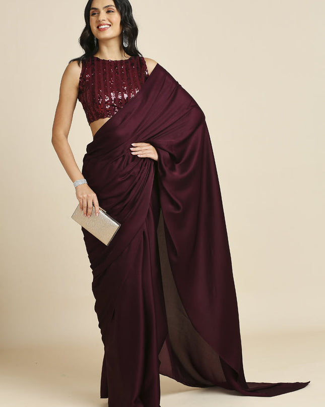 Garnet Maroon Soft Silk Saree with Embroidered Blouse