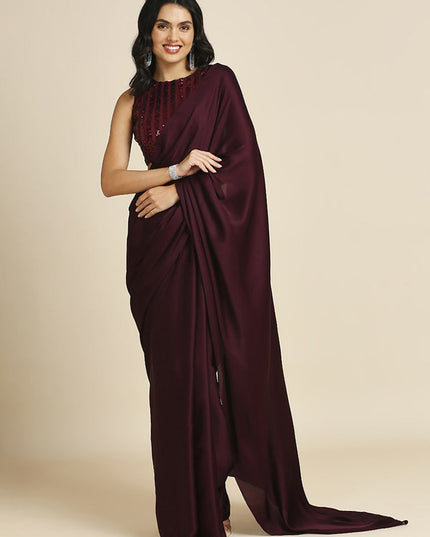 Garnet Maroon Soft Silk Saree with Embroidered Blouse