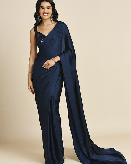 Midnight Blue Soft Silk Saree with Embroidered Blouse