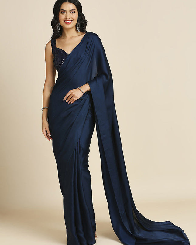 Midnight Blue Soft Silk Saree with Embroidered Blouse