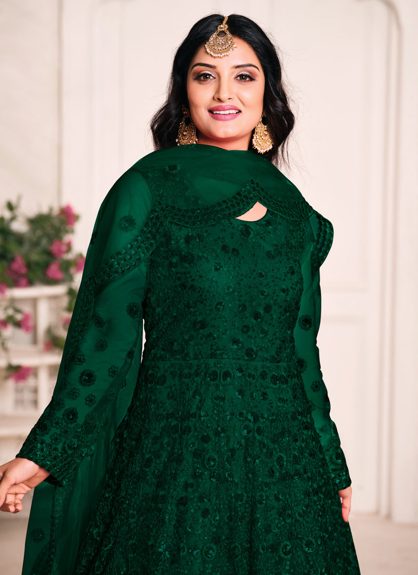 Ravishing Bottle Green Net Sequined Designer Anarkali Suit