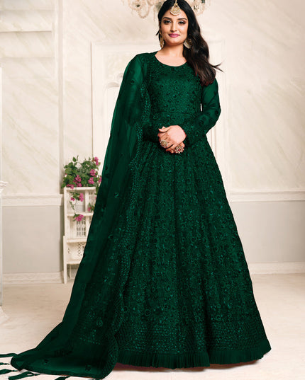 Ravishing Bottle Green Net Sequined Designer Anarkali Suit