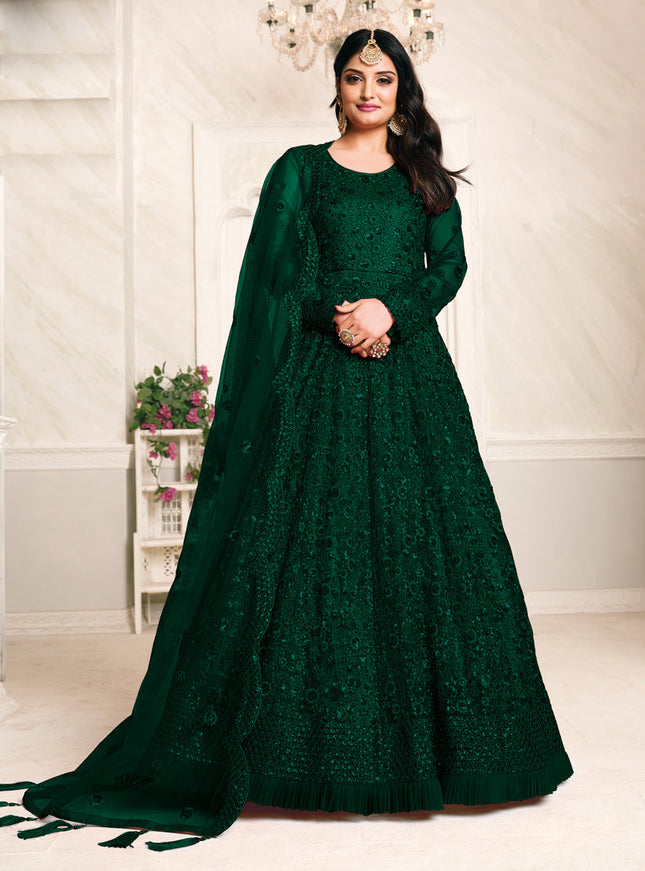 Ravishing Bottle Green Net Sequined Designer Anarkali Suit