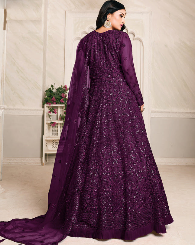 Sweet Plum Net Sequined Designer Anarkali Suit