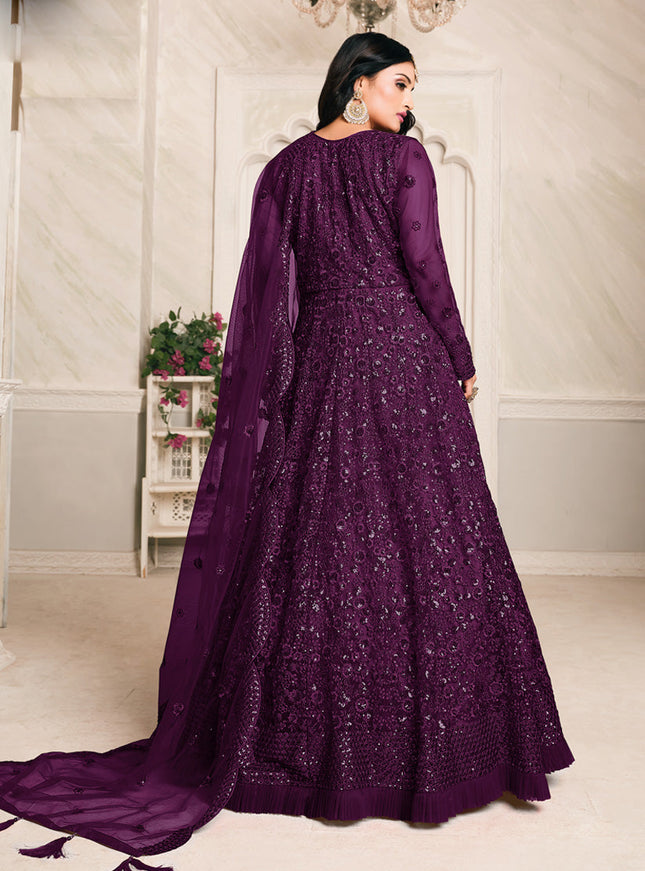 Sweet Plum Net Sequined Designer Anarkali Suit