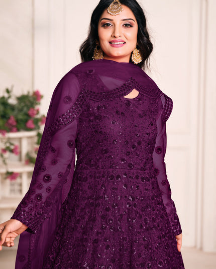 Sweet Plum Net Sequined Designer Anarkali Suit