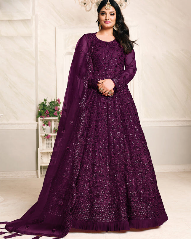 Sweet Plum Net Sequined Designer Anarkali Suit