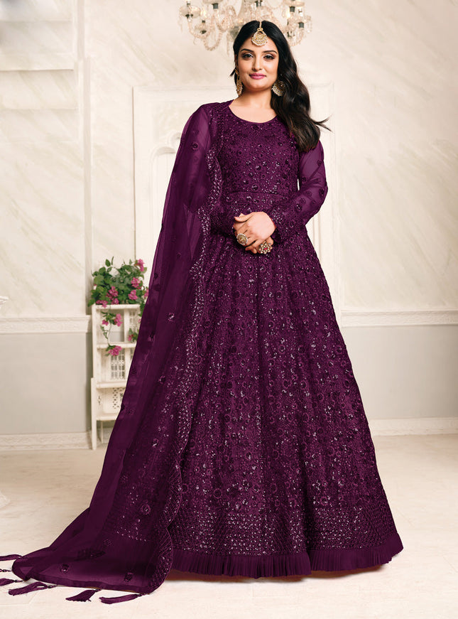 Sweet Plum Net Sequined Designer Anarkali Suit
