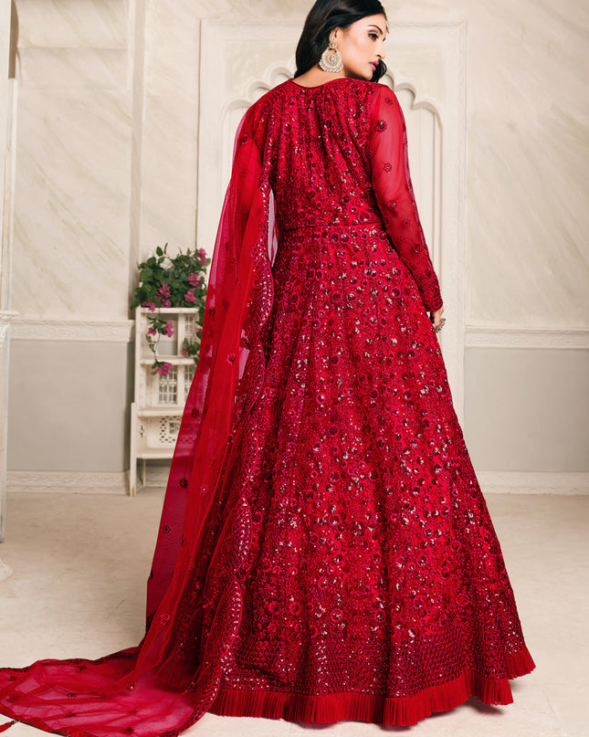 Immaculate Cherry Red Net Sequined Designer Anarkali Suit