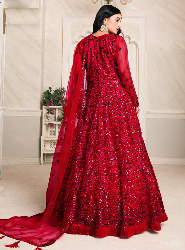 Immaculate Cherry Red Net Sequined Designer Anarkali Suit