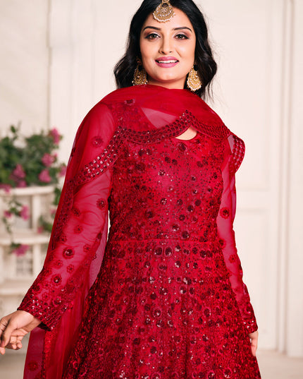 Immaculate Cherry Red Net Sequined Designer Anarkali Suit