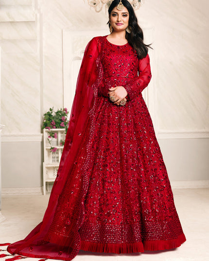 Immaculate Cherry Red Net Sequined Designer Anarkali Suit