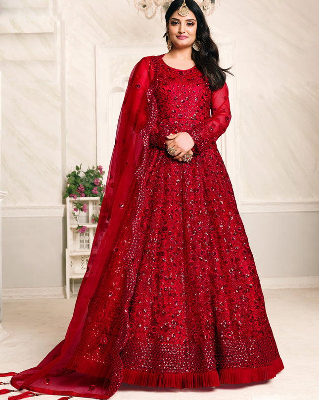 Immaculate Cherry Red Net Sequined Designer Anarkali Suit