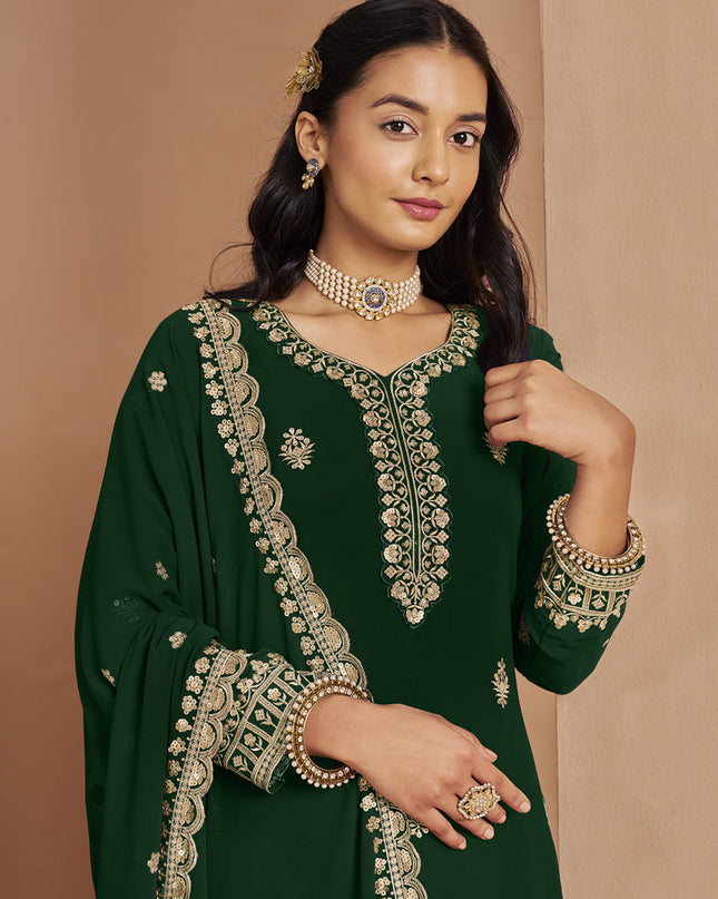 bottle green faux georgette embroidered palazzo kameez