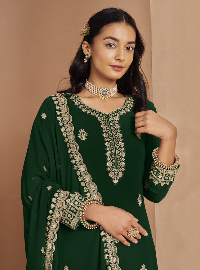 bottle green faux georgette embroidered palazzo kameez