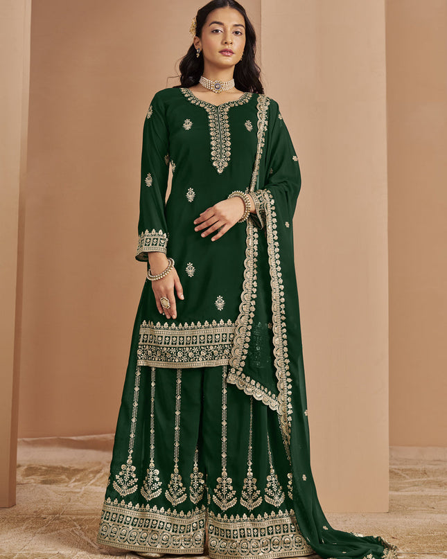 bottle green faux georgette embroidered palazzo kameez