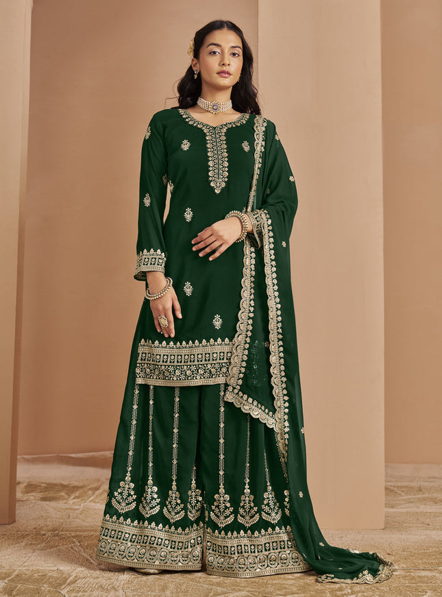 bottle green faux georgette embroidered palazzo kameez