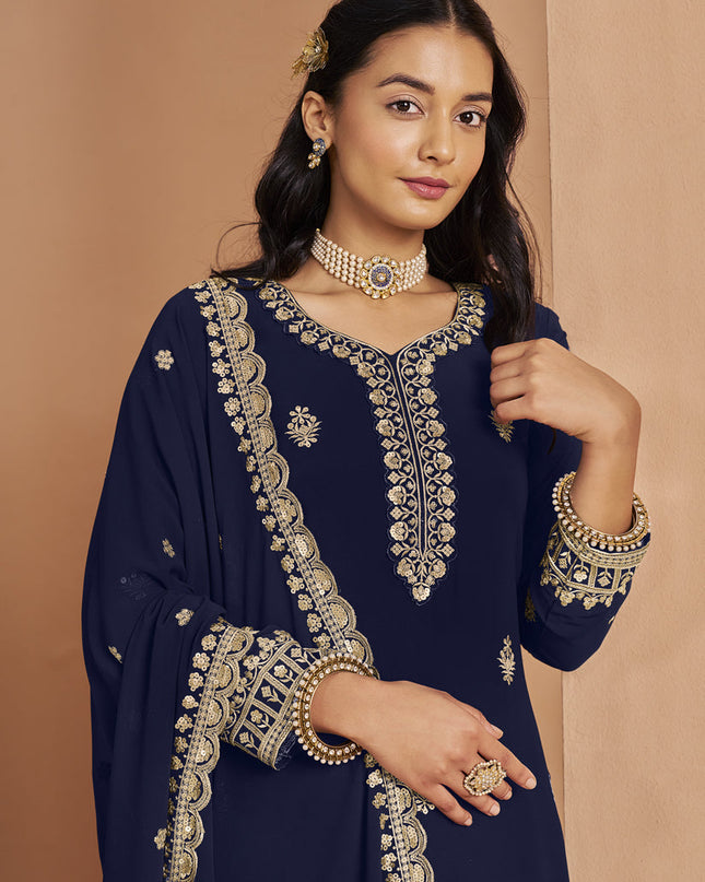 navy blue faux georgette embroidered palazzo kameez