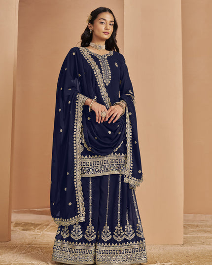 navy blue faux georgette embroidered palazzo kameez