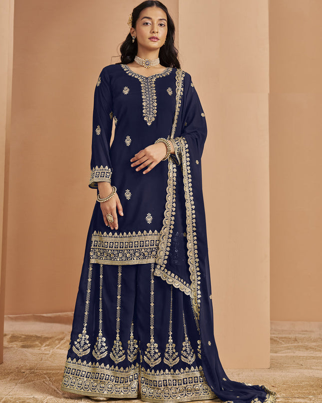 navy blue faux georgette embroidered palazzo kameez