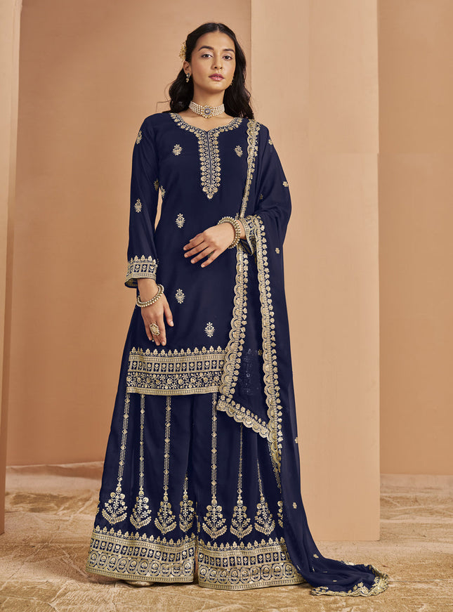navy blue faux georgette embroidered palazzo kameez