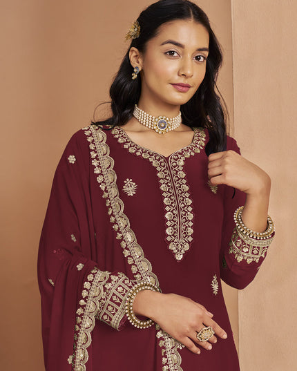 maroon faux georgette embroidered palazzo kameez